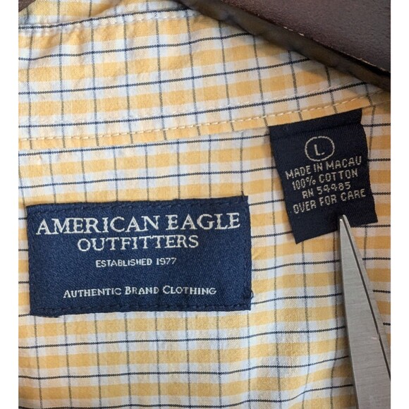 American Eagle Size Large Short Sleeve Shirt Yellow Check Mens L SS Button Up AE - Picture 2 of 3